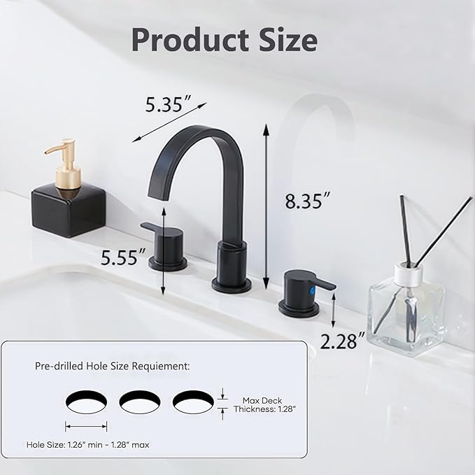 Matte Black Bathroom Faucet 3 Hole, 8 Inch Widespread 360° Swivel Waterfall Spout Two-Handle Bathroom Faucets with Water Hoses and Pop-up Drain for Sink Bath Vanity Lavatory VAL088BRH