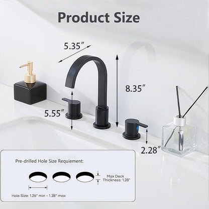 Matte Black Bathroom Faucet 3 Hole, 8 Inch Widespread 360° Swivel Waterfall Spout Two-Handle Bathroom Faucets with Water Hoses and Pop-up Drain for Sink Bath Vanity Lavatory VAL088BRH