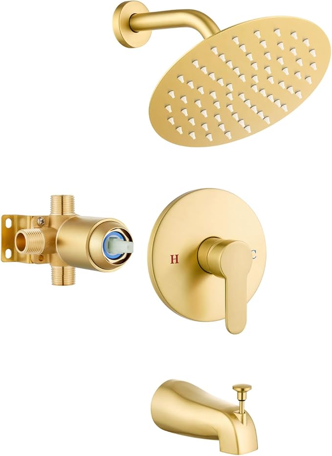 Airuida Shower Faucet Set with Tub Spout,8" Bathtub Faucet-Brushed Gold | Male Threads Rough-In Valve,Round Head Shower System,Tub and Shower Kit Set