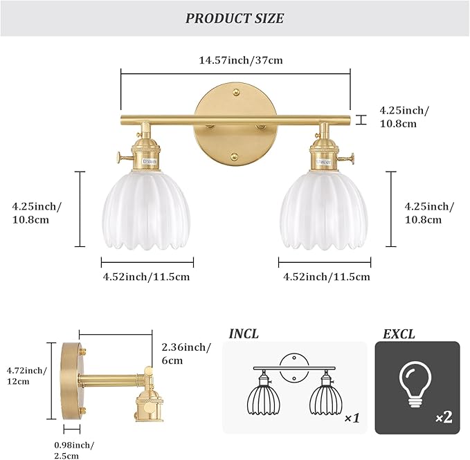 Bathroom Light Fixtures, 2-Light Brass Vanity wall Light Over Mirror with White Tulip Glass Shade for Bedroom Living Room (Bulb Not Included)