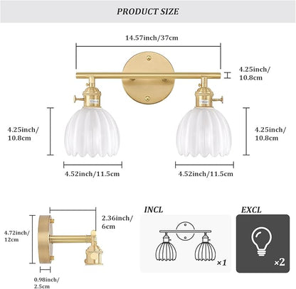 Bathroom Light Fixtures, 2-Light Brass Vanity wall Light Over Mirror with White Tulip Glass Shade for Bedroom Living Room (Bulb Not Included)