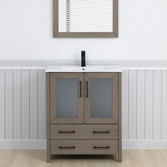Vanity Art 30" Single Sink Bathroom Vanity with 1 Mirror, Ceramic Top Cabinet Compact Set with 2 Dovetail Storage Drawers and Matte Black Handles, Dark Grey, VA3030-DG