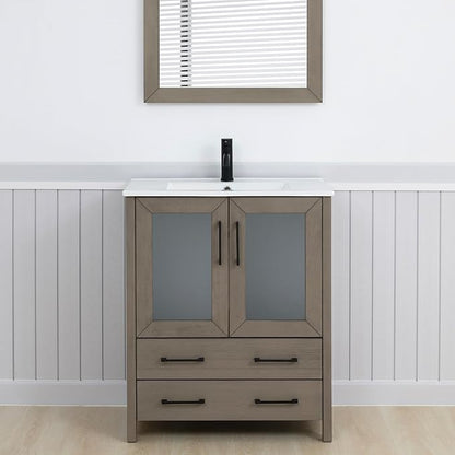 Vanity Art 30" Single Sink Bathroom Vanity with 1 Mirror, Ceramic Top Cabinet Compact Set with 2 Dovetail Storage Drawers and Matte Black Handles, Dark Grey, VA3030-DG