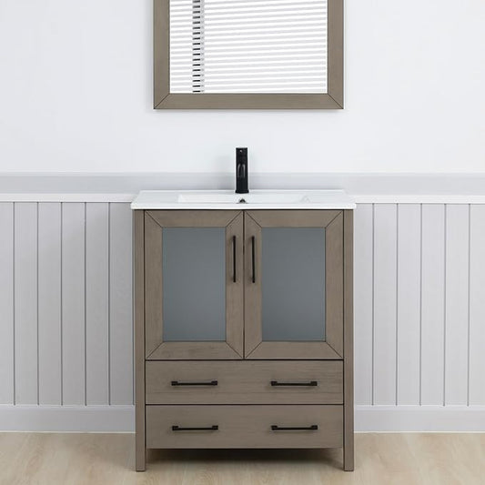 Vanity Art 30" Single Sink Bathroom Vanity with 1 Mirror, Ceramic Top Cabinet Compact Set with 2 Dovetail Storage Drawers and Matte Black Handles, Dark Grey, VA3030-DG