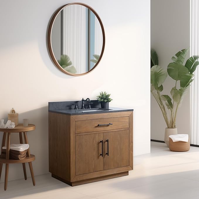 Vanity Art 36 inch Bathroom Vanity with Sink, Solid Poplar Wood, Vanity Cabinet with Doors and Removable Shelf, Modern Wood Cabinet with Black Marble Top, Ceramic Sink, Tan, VA70-36-T-B