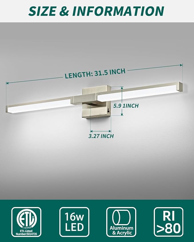 OKELI Modern Bathroom Light Fixtures Over Mirror, 32 Inch Brushed Nickel Vanity Light Bar for Bathroom, 16W 5CCT Diammable Wall Light - 2Pack