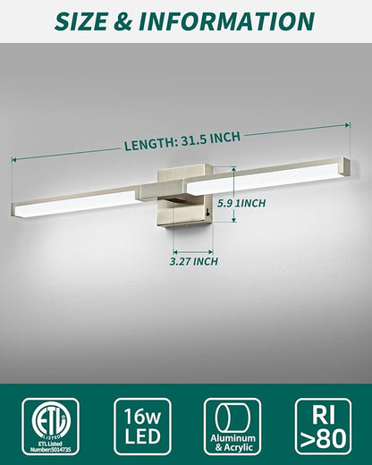 OKELI 32 Inch Bathroom Light Fixtures, Modern Brushed Nickel Vanity Light Over Mirror for Bathroom, 16W 5CCT Diammable Bar Wall Light