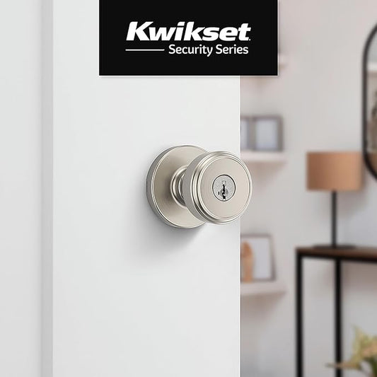 Kwikset Maven Entry Door Knob with Lock and Key, Secure Keyed Handle Exterior, Front Entrance and Bedroom, Satin Nickel, Pick Resistant SmartKey Rekey Security and Microban