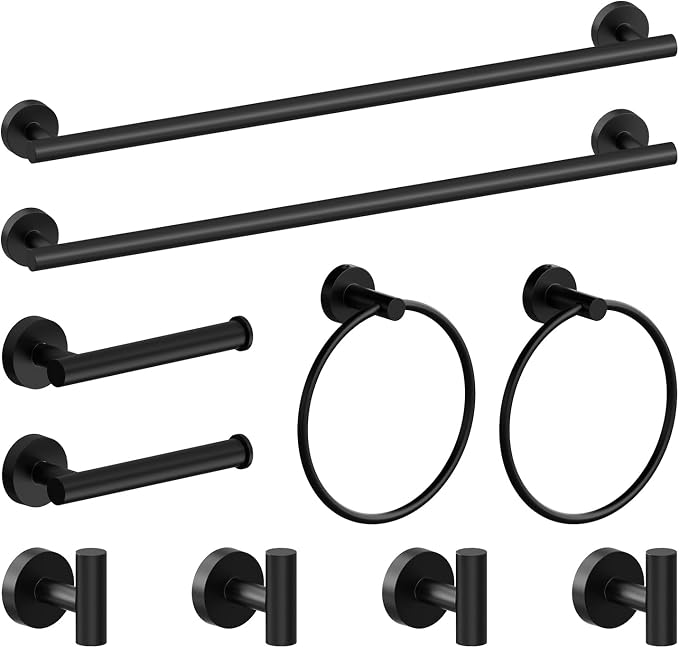 Matte Black Bathroom Hardware Set 10 Pieces Stainless Steel | Evolvegoods Bathroom Hardware Set, Includes 26 inch Towel Bar, 4 Towel Hook, 2 Towel Ring Toilet Paper Holder