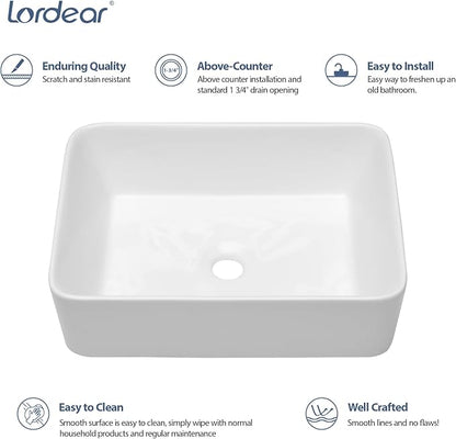 Lordear Vessel Sink Rectangle 19 Inch Bathroom Sink,Rectangular Modern Above Counter Bathroom Sinks White 19x15 Inch Porcelain Ceramic Vessel Vanity Sink Art Basin