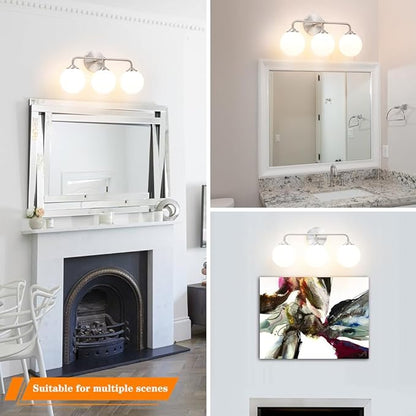 Elagant Modern Brushed Nickel Bathroom Vanity Lights, 3-Lights Bathroom Light Fixtures with Milky White Globe Glass Shade, Bathroom Wall Sconces Light over Mirror Dressing Table Bedroom Living Room