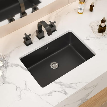 Black Ceramic 18"x12" Undermount Bathroom Lavatory Sink | Rectangle under counter black bathroom vessel sink for bathroom with overflow