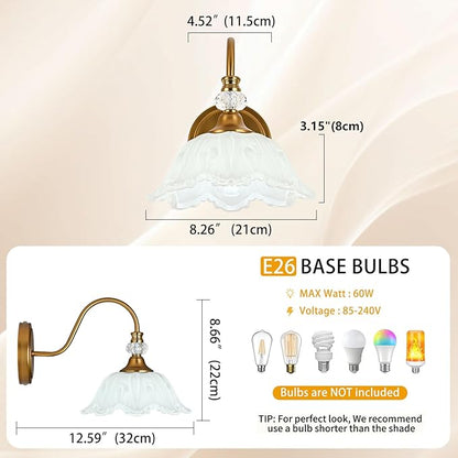 1 Piece Vintage Wall Sconce with Floral White Glass Shade, Matte Brass Finish Wall Sconce for Bathroom, Vintage Bathroom Vanity Light Fixture
