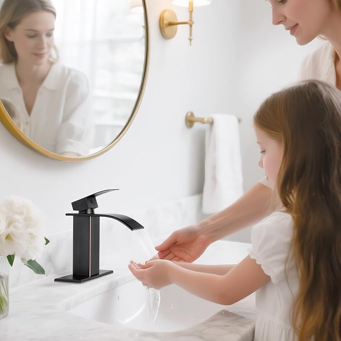 ORB Bathroom Faucets, Waterfall Bathroom Sink Faucet Modern Single Handle Bathroom Faucte 1 or 3 Hole, RV Mixer Tap Vanity Faucet - Includes Pop-up Drain Supply Hoses Deck Plate