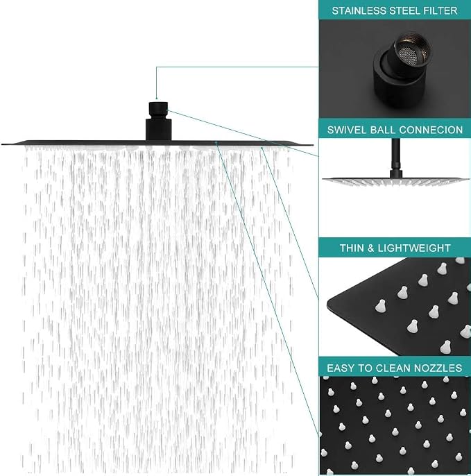 Lordear Rain Shower Heads High Pressure, Rainfall Showerhead for Bathroom Fixed Mount, 10 Inch Large Square High Flow Shower Head (Matte Black)