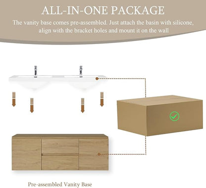 60 Inch Floating Bathroom Vanity with Double Sinks | Storage Cabinet with Sink Natural Oak Wall Mounted Cabinet, Solid Surface Top, 4 Soft Close Drawers, Fully Assembled