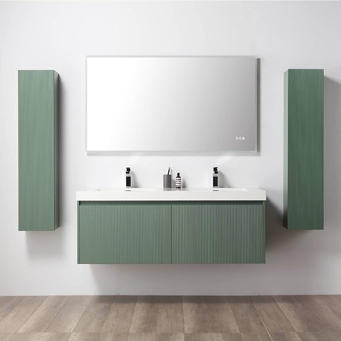 Blossom 60 Inch Double Sink Bathroom Vanity with Side Cabinets, All Wood Wall Mounted Floating Bathroom Vanity Cabinet with Acrylic Sinks, Soft-Close Drawers, Bathroom Vanities, Aventurine Green
