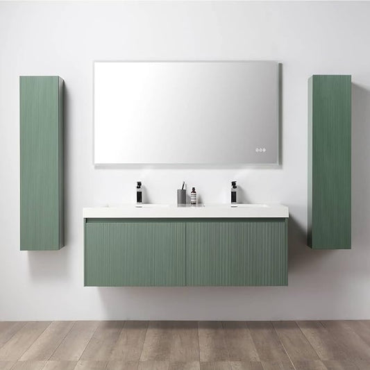 Blossom 60 Inch Double Sink Bathroom Vanity with Side Cabinets, All Wood Wall Mounted Floating Bathroom Vanity Cabinet with Acrylic Sinks, Soft-Close Drawers, Bathroom Vanities, Aventurine Green