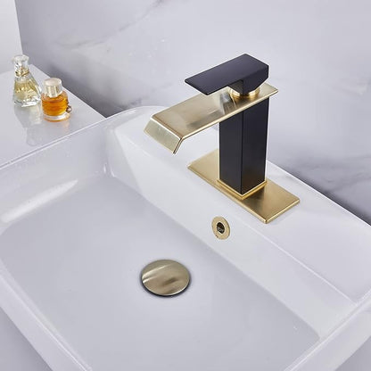 Waterfall Faucet Bathroom Brushed Golden Black Basin Vanity Sink Faucets Single Handle 1 Hole with Deck Plate Pop Up Drain Stopper Overflow Modern
