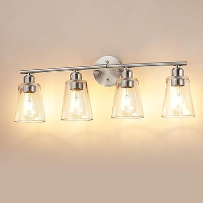 TALOYA 27 Inch Brushed Nickel Bathroom Light Fixtures with Thickend Clear Tapered Glass Shade, 4-Light Modern Vanity Light Over Mirror for Bathrooms, Bedrooms (Bulbs Not Included)