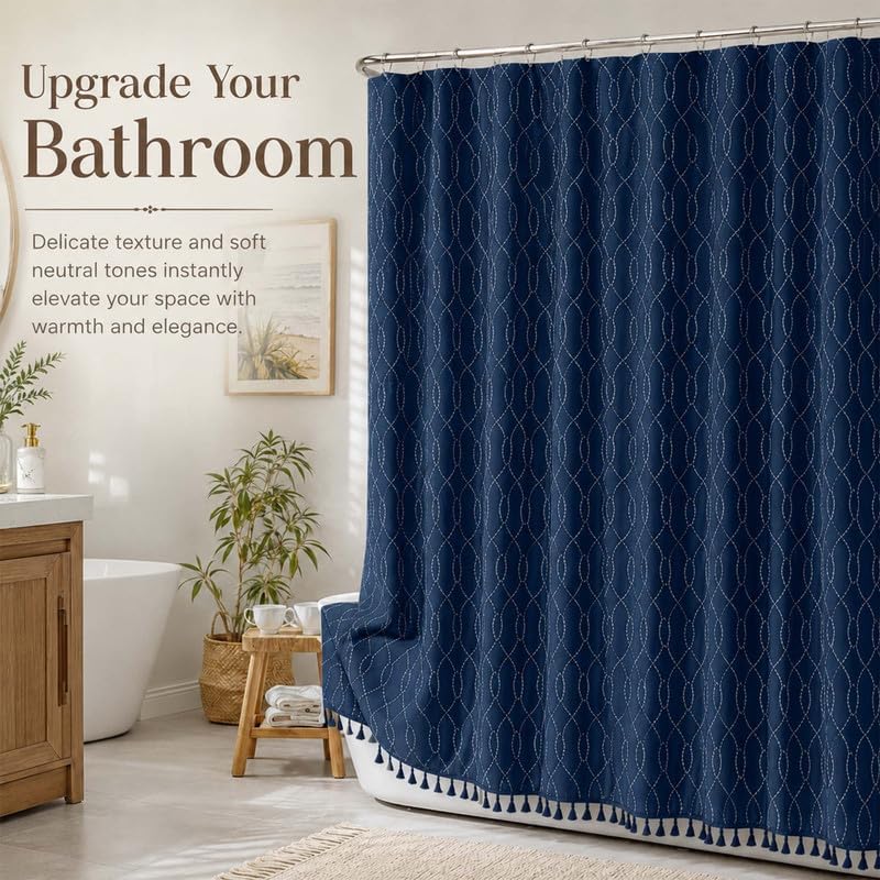OVZME Extra Long Navy Blue Shower Curtain 96 Inch Long, Puff Printed Textured Shower Curtain with Tassels, Tall Farmhouse Geometry Bathroom Curtain, Water Resistant Fabric, 72Wx96L Inches
