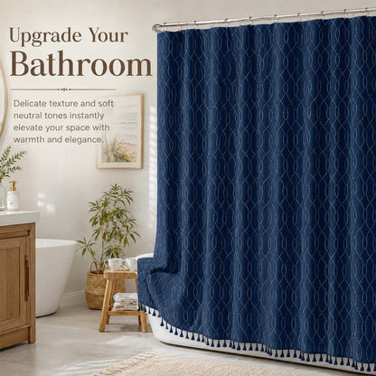 OVZME Extra Long Navy Blue Shower Curtain 96 Inch Long, Puff Printed Textured Shower Curtain with Tassels, Tall Farmhouse Geometry Bathroom Curtain, Water Resistant Fabric, 72Wx96L Inches