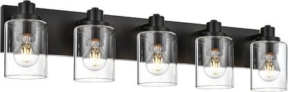 5 Light Bathroom Vanity Lights, Bathroom Lighting Fixtures over Mirror with Clear Glass Shades, Black Vanity Light For Bathoom, Modern Wall Sconces Vanity Lighting Fixture for Bathroom Hallway