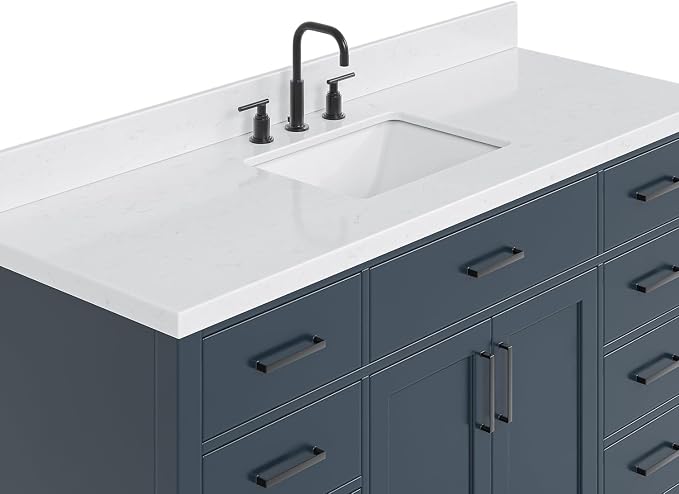 ARIEL Hepburn 60-inch Bathroom Vanity with Sink,Solid Wood, 1.5-inch Carrara White Quartz Countertop, Single Rectangular Porcelain Sink, 2 Soft Closing Doors, 9 Dovetail Drawers, Midnight Blue