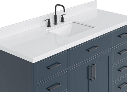 ARIEL Hepburn 60-inch Bathroom Vanity with Sink,Solid Wood, 1.5-inch Carrara White Quartz Countertop, Single Rectangular Porcelain Sink, 2 Soft Closing Doors, 9 Dovetail Drawers, Midnight Blue
