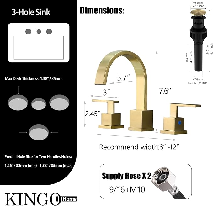 KINGO HOME Gold Bathroom Faucet, Brushed Gold Faucets Bathroom 3 Hole 8inch Widespread Waterfall 2 Handle Brass Faucets Bath Sink Vanity Faucet with Pop Up Drain and Supply Lines