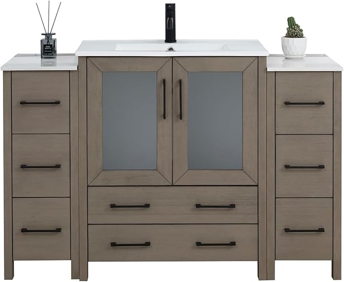 Vanity Art 54 Inch Under Mount Single Sink Bathroom Vanity Cabinet with 1 Mirror, Ceramic Top Bathroom Cabinet Compact Set with 8 Dovetail Storage Drawers and Matte Black Handles, VA3030-54-DG
