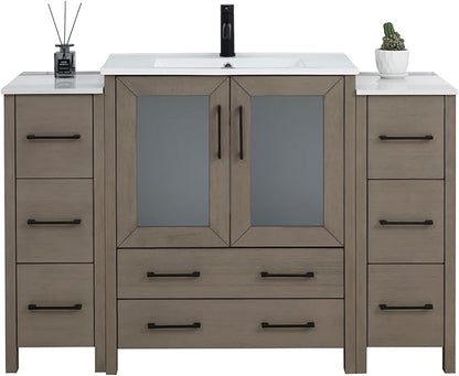 Vanity Art 54 Inch Under Mount Single Sink Bathroom Vanity Cabinet with 1 Mirror, Ceramic Top Bathroom Cabinet Compact Set with 8 Dovetail Storage Drawers and Matte Black Handles, VA3030-54-DG