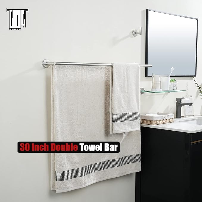 JQK Double Bath Towel Bar, 33 Inch 304 Stainless Steel Thicken 0.8mm Towel Rack for Bathroom, Towel Holder Brushed Finished Wall Mount, Useable Length 30 Inch, TB100L30-BN