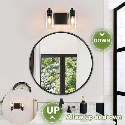 Matte Black 2-Light Bathroom Lights Over Mirror with Clear Glass Shade, Modern Bathroom Light Fixtures for Kitchen Living Room Bedroom Laundry Room