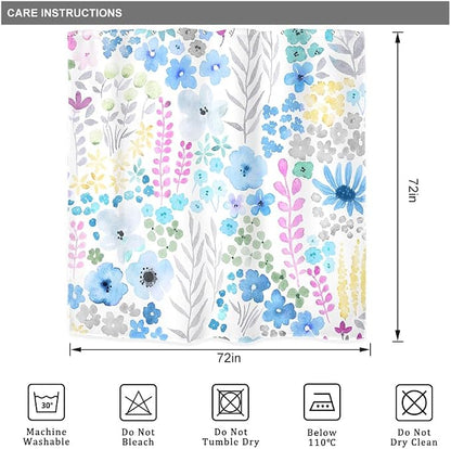 Blue Grey Floral Cute Boho Wildflower Trendy Bathroom Shower Curtain Set | 72"W x 72"H Watercolor Leaves; waterproof HD print, quick-dry fabric with 12 hooks for easy hanging.