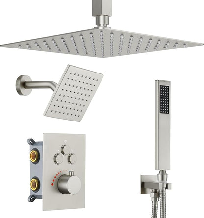 Thermostatic Dual Shower Head System, Brushed Nickel Shower Faucet | 12 Inch Ceiling Rainfall Shower, 6 Inch Wall Mount Head, High Pressure Handheld Sprayer, Push Button Valve
