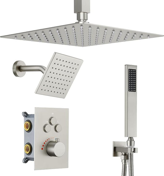 Thermostatic Dual Shower Head System, Brushed Nickel Shower Faucet | 12 Inch Ceiling Rainfall Shower, 6 Inch Wall Mount Head, High Pressure Handheld Sprayer, Push Button Valve