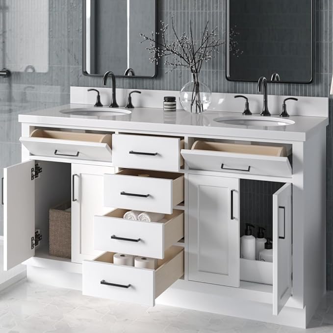 ARIEL Hepburn 60-inch Bathroom Vanity with Sink,Solid Wood, 1.5-inch Pure White Quartz Countertop & Backsplash, Double Oval Porcelain Sink, 4 Soft Closing Doors, 6 Dovetail Drawers, White