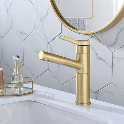 Faucet Pull Out Bathroom Basin Faucet with Shower Head Water Mixer Sink Single Handle Deck Mounted Tap Tall (Short Brushed Gold) Faucet
