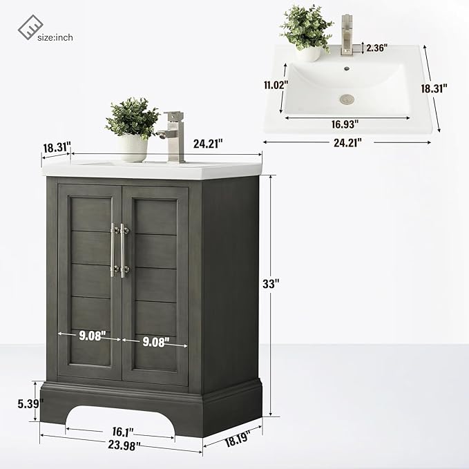 HOMEBEYOND 24 Inch Bathroom Vanity with Single Sink & Ceramic Top, Vanity Cabinet with Center Countertop Basin, Soft-Closing Doors,Sliver Grey
