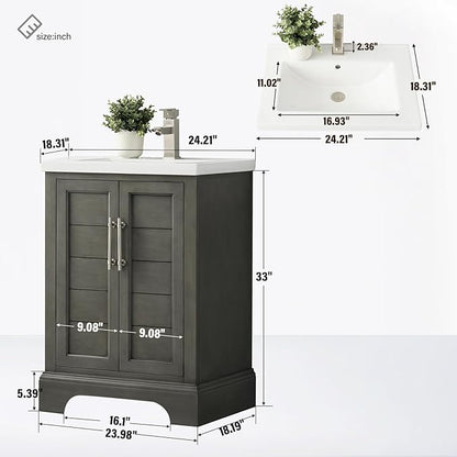 HOMEBEYOND 24 Inch Bathroom Vanity with Single Sink & Ceramic Top, Vanity Cabinet with Center Countertop Basin, Soft-Closing Doors,Sliver Grey