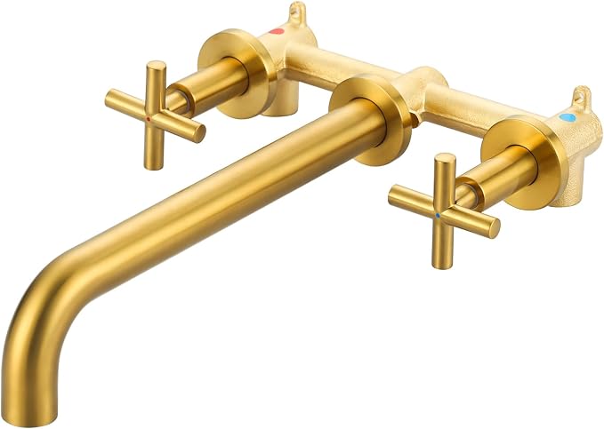 Wall Mount Tub Filler ARCORA Brushed Gold Bathtub Faucet Long Spout Reach, 2 Cross Handles Wall Mount Tub Faucet with Brass Rough in Valve Included