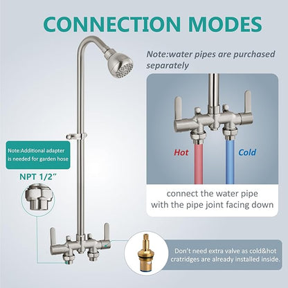 Aolemi Outdoor Shower Fixtures, 31" Exposed Shower System with Shower Head, 2-Handle Outdoor Shower Kit, 3 Inch Center Brass Mixing Valve, Brushed Nickel