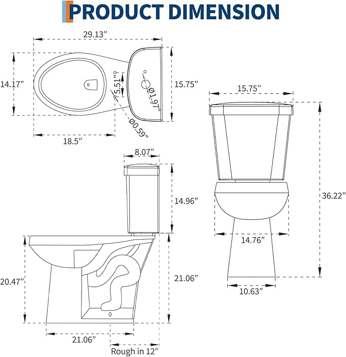 Two Piece Toilet with 21" Extra Tall Height, Elongated Ceramic Bowl and Locking PP Lid -Dual Flush, CUPC Certified, Water Efficient