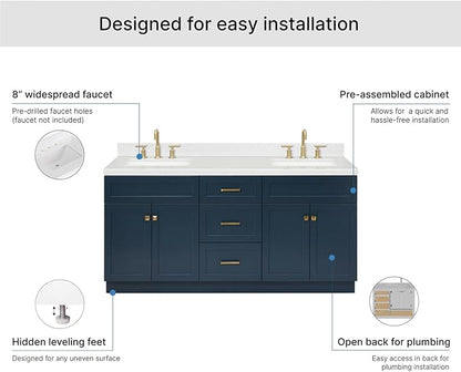 ARIEL Hamlet 72-inch Bathroom Vanity with Sink,Solid Wood, 1.5-inch Carrara White Quartz Countertop, Double Rectangular Porcelain Sink, 4 Soft Closing Doors, 3 Dovetail Drawers, Midnight Blue