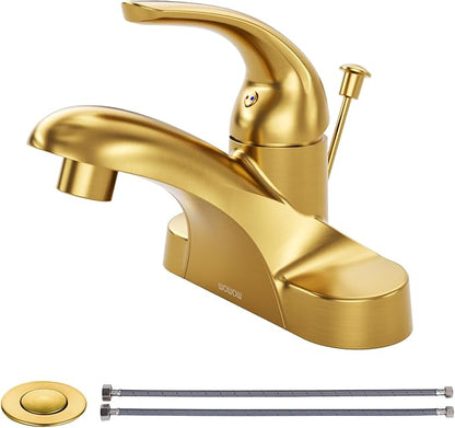 WOWOW 4 Inch Bathroom Faucet Single Handle Faucet for Bathroom Sink Brushed Gold Vanity Tap with Lift Rod Drain Assembly, Rv Lavatory Taps 3 Hole