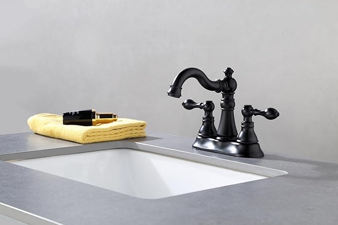 Two Handle Matte Black Bathroom Faucet 3 Hole with Pop up Drain Assembly, Classic 4 Inch Centerset Lavatory Faucet with 360° Swivel Spout,F-0048-MT