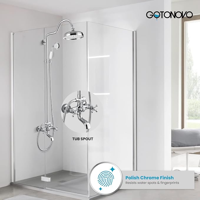 gotonovo Exposed Bathroom Shower System Two Cross Handle Polished Chrome | Vintage Brass Tub Shower Faucet Set,8’’ Rain Head with Handheld Spray,Swivel Tub Spout,6’’ Hole Distance,Adjustable Height