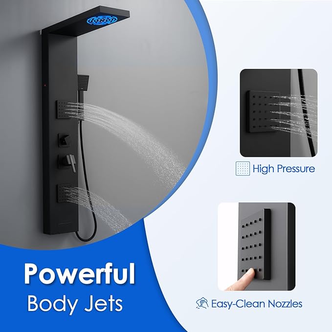 ROVOGO 46.5"H x 7.8"W Shower Panel Tower System with Led Lights, Rainfall Mist Shower Head, Body Jets, Handheld and Tub Spout, Stainless Steel Shower Column with Mixer Valve, Black
