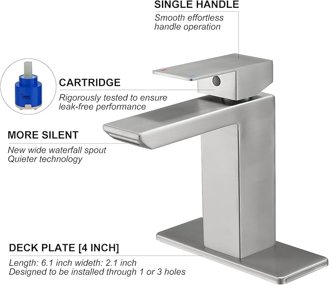 RUMOSE Brushed Nickel Bathroom Faucets Set with Pop Up Drain Single Handle Bathroom Sink Faucet 1 & 3 Hole Waterfall Spout Vanity Faucet Kit with Deck Plate RV Lavatory Basin Faucet, Stainless Steel